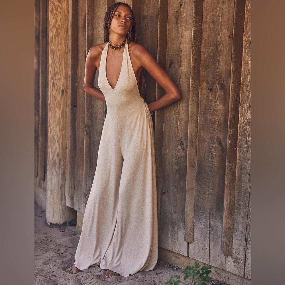 Free People Leigh One Piece wide leg jumpsuit dusty rose halter with pockets NWT